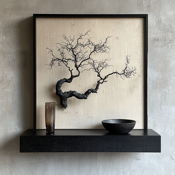Charred Oak Bonsai Wall Sculpture - Framed Wooden Art with Floating Shelf