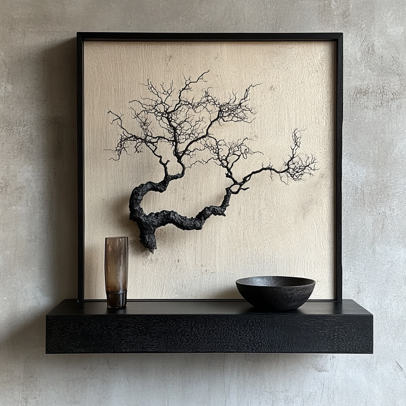 Charred Oak Bonsai Wall Sculpture - Framed Wooden Art with Floating Shelf