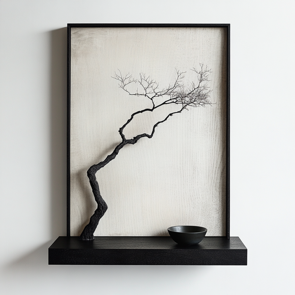 Minimalist Charred Oak Wall Art - Framed Sculpture with Floating  Shelf