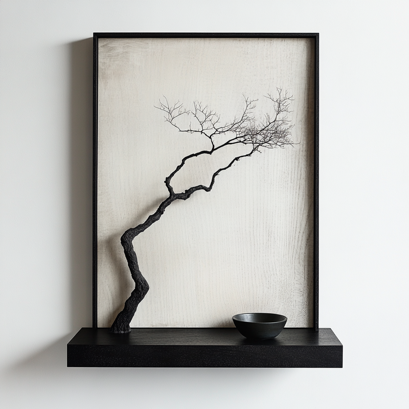 Minimalist Charred Oak Wall Art - Framed Sculpture with Floating  Shelf