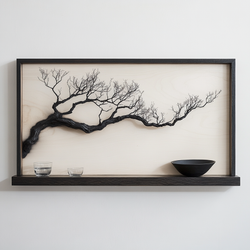 Horizontal Charred Oak Branch Wall Art - Framed Wooden Sculpture  with Shelf