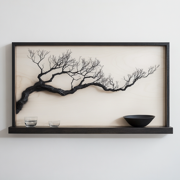 Horizontal Charred Oak Branch Wall Art - Framed Wooden Sculpture  with Shelf
