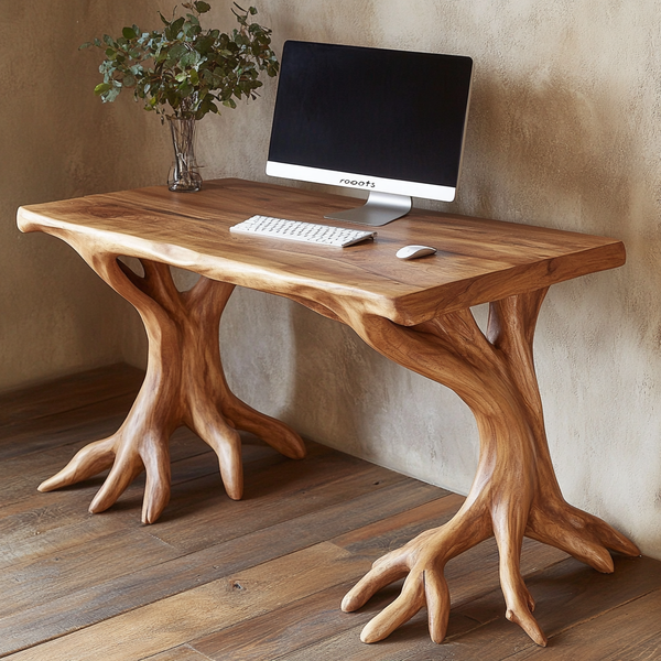 Rooted Branch Office Desk - Sculptural Acacia Wood Desk with Tree  Root Base