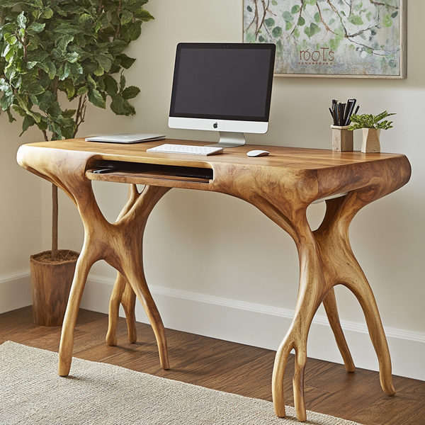 Sculpted Root Office Desk - Organic Acacia Wood Desk with Drawer &amp; Artistic Base