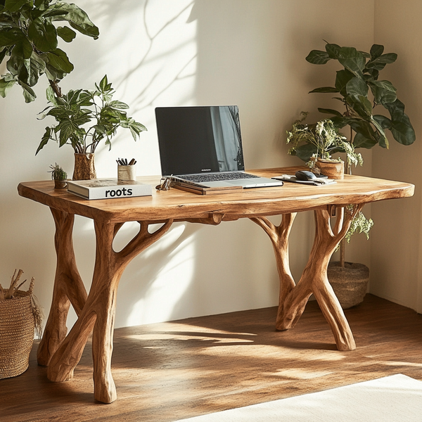 Natural Branch Office Desk - Sculpted Acacia Wood Desk with Artistic  Root Base