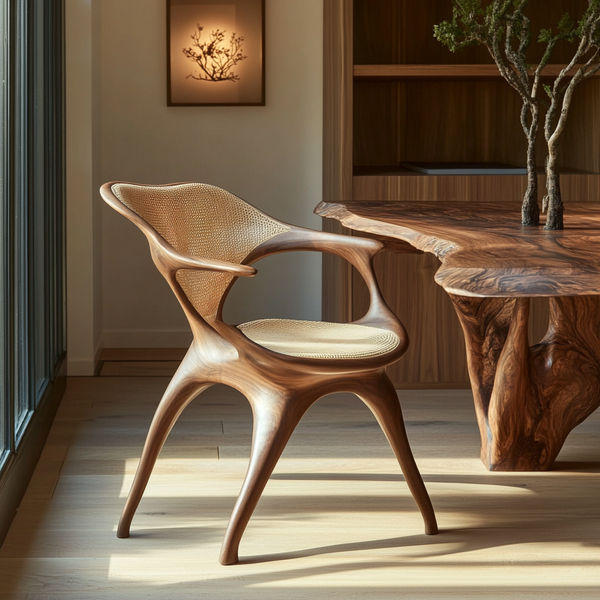 Flowform Sculpted Office Chair - Handcrafted Ergonomic Chair in Solid Wood &amp; Cane
