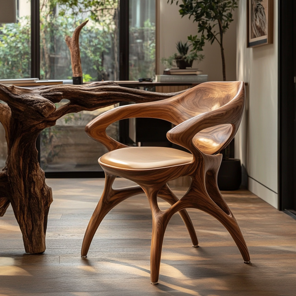 Sculpted Elegance Office Chair - Handcrafted Solid Wood Ergonomic Chair with Leather Seat