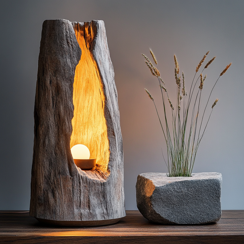 Hollowed Log Ambient Lamp - Handcrafted Wooden Lamp with Inner Glow