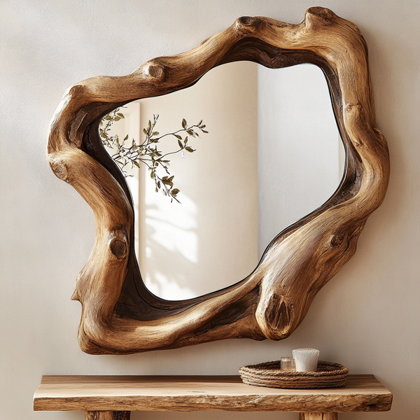 Sculptural Driftwood Wall Mirror - Handcrafted Organic Wood Frame Mirror