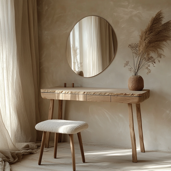 Minimalist Live-Edge Dressing Table Handcrafted Oak Vanity with Mirror &amp; Stool
