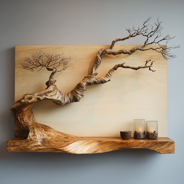 Flowing Bonsai Wall Sculpture - Handcrafted Wooden Wall Art with Sculptural Shelf