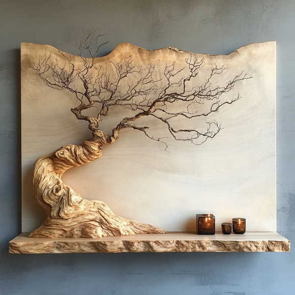 Bonsai Drift Wall Art - Handcrafted Wooden Bonsai Sculpture on Live-Edge Backdrop