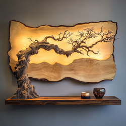Windswept Bonsai Wall Sculpture - Handcrafted Illuminated Wooden Art wShelf