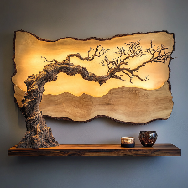 Windswept Bonsai Wall Sculpture - Handcrafted Illuminated Wooden Art wShelf