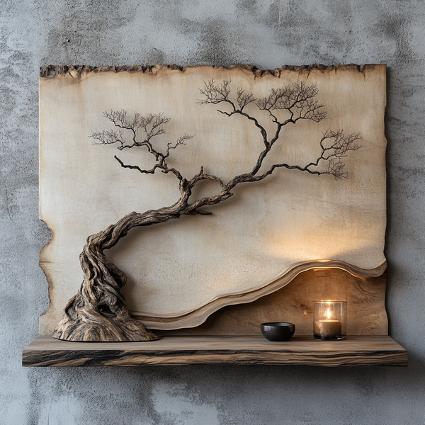 Windswept Bonsai Wall Sculpture - Handcrafted Wooden Wall Art with Textured Tree &amp; Display