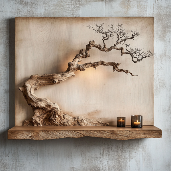 Graceful Bonsai Wall Sculpture - Handcrafted Wooden Wall Art with Branching Tree &amp; Shelf