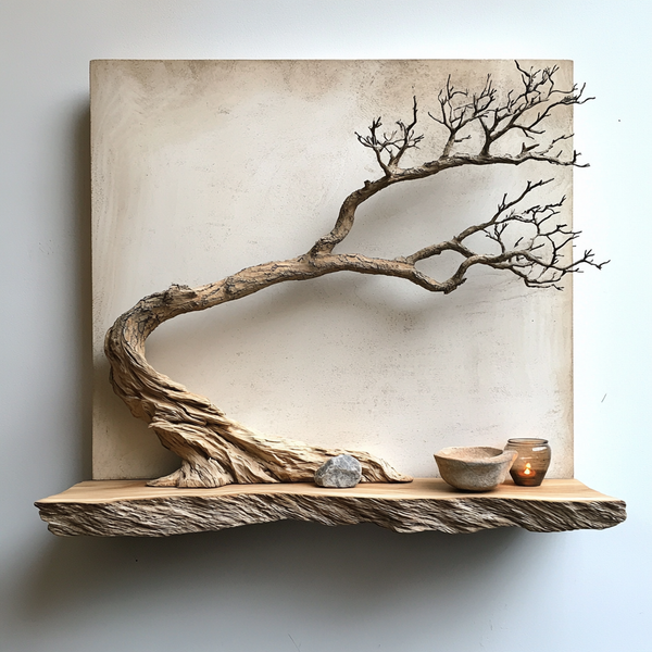 Windswept Bonsai Wall Sculpture -- Handcrafted Wooden Wall Art with Floating Shelf