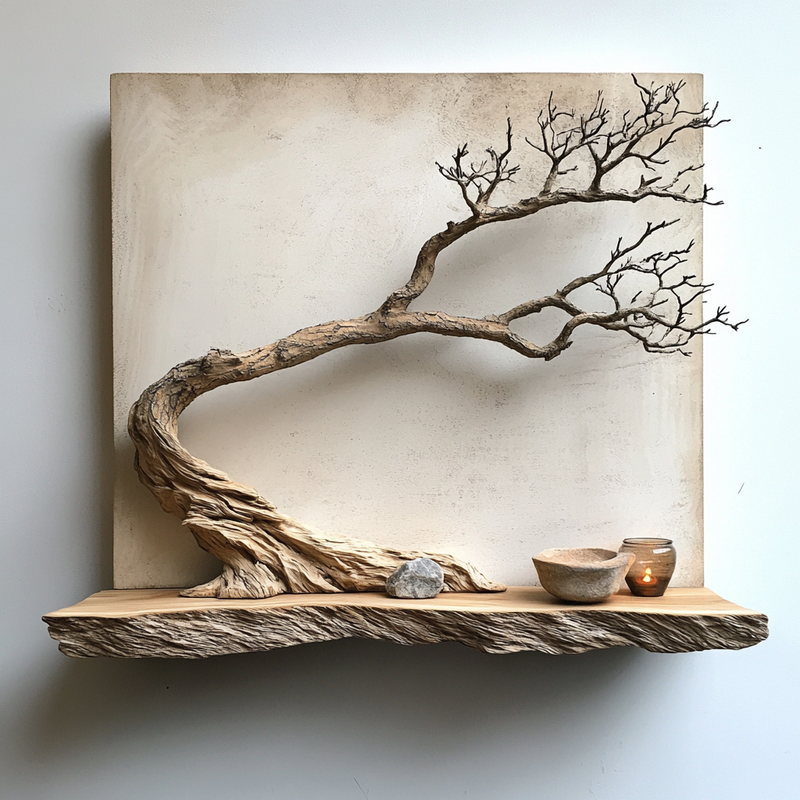 Windswept Bonsai Wall Sculpture -- Handcrafted Wooden Wall Art with Floating Shelf