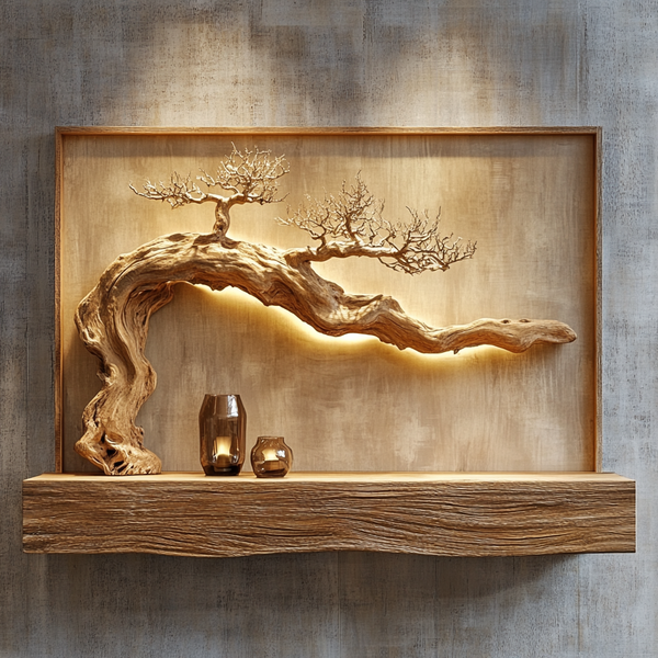 Illuminated Arching Bonsai Wall Sculpture - Handcrafted Wooden Wall Art with LED & Textured Shelf
