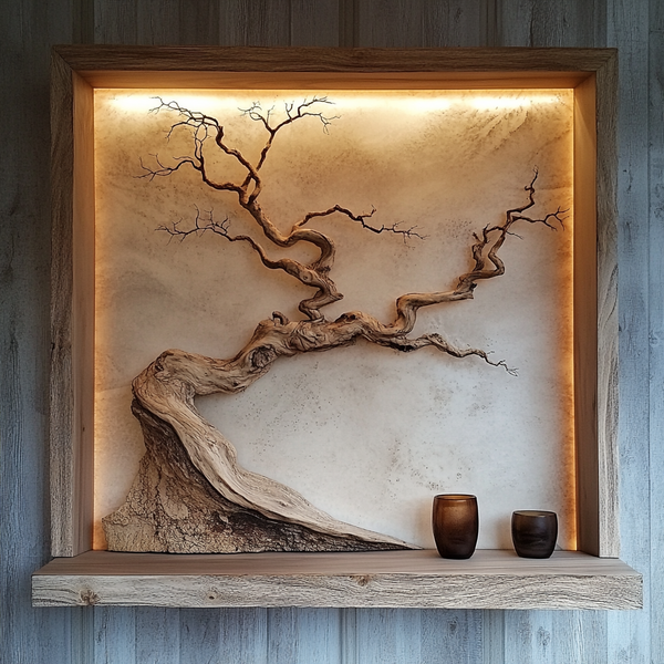 Twisting Bonsai Wooden Wall Art - Handcrafted Sculpture with LED Backlight &amp; Floating Shelf