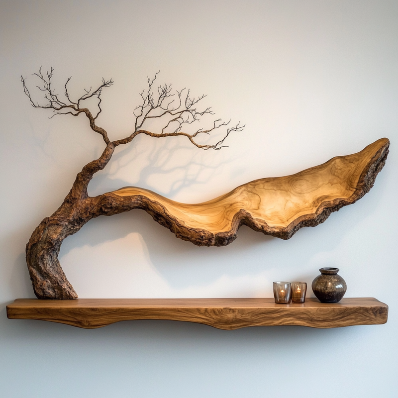 Title: Flowing Bonsai Wall Sculpture - Handcrafted Wooden Art with Organic Shelf Display