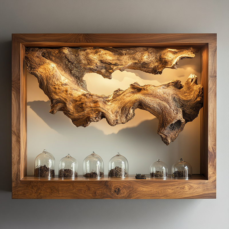Floating Driftwood Wall Sculpture - Handcrafted Wooden Art in Deep Shadow Box Frame
