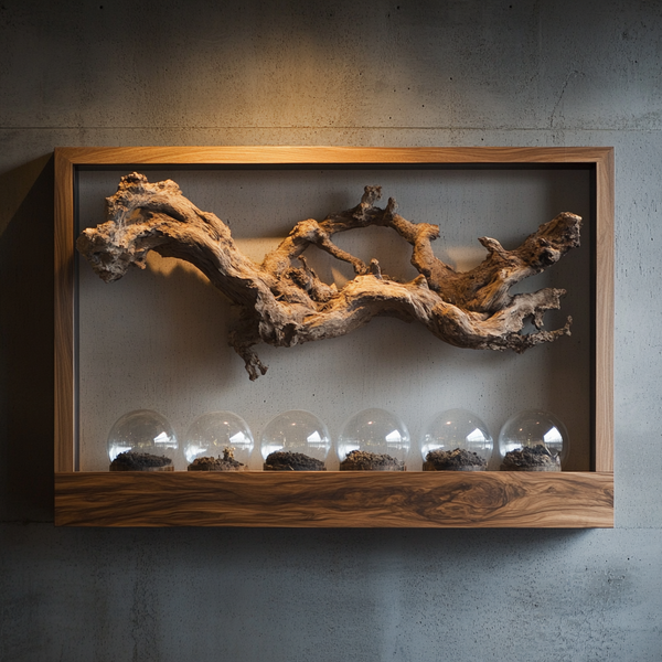 Driftwood Specimen Wall Art - Handcrafted Framed Sculpture with Glass Globe Display