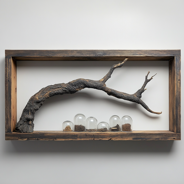 Charred Branch Specimen Wall Art - Framed Sculpture with Glass Domes Display