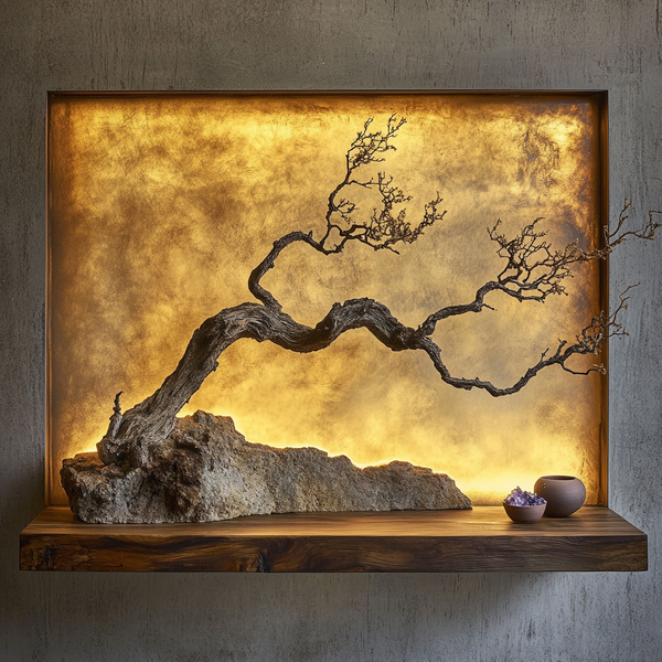 Illuminated Bonsai Driftwood Wall Art - Framed Sculpture with Natural Rock Base