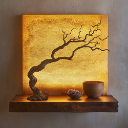 Golden Glow Bonsai Wall Sculpture -- Illuminated Driftwood Art with Live-Edge Shelf