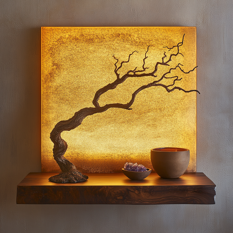 Golden Glow Bonsai Wall Sculpture -- Illuminated Driftwood Art with Live-Edge Shelf