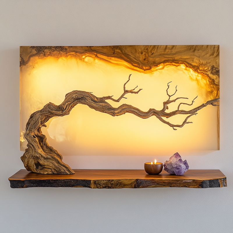 Illuminated Driftwood Wall Sculpture - Live-Edge Art with Golden Backlight &amp; Shelf