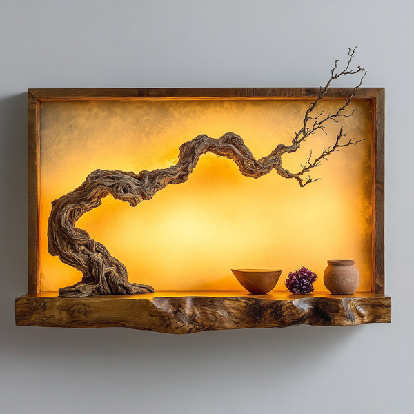 Golden Horizon Driftwood Wall Art - Live-Edge Frame with Illuminated Organic Sculpture