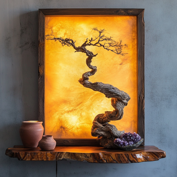 Spiral Essence Driftwood Wall Art - Illuminated Live-Edge Frame with Sculptural Branch