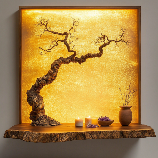 Twisted Serenity Driftwood Wall Art Illuminated Live-Edge Frame with Bonsai-Inspired Sculpture