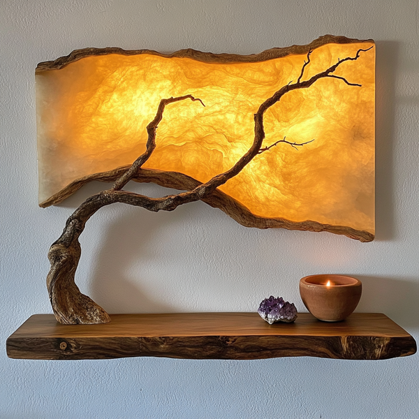 Zen Horizon Driftwood Wall Sculpture -- Illuminated Live-Edge Art with Cedar Shelf