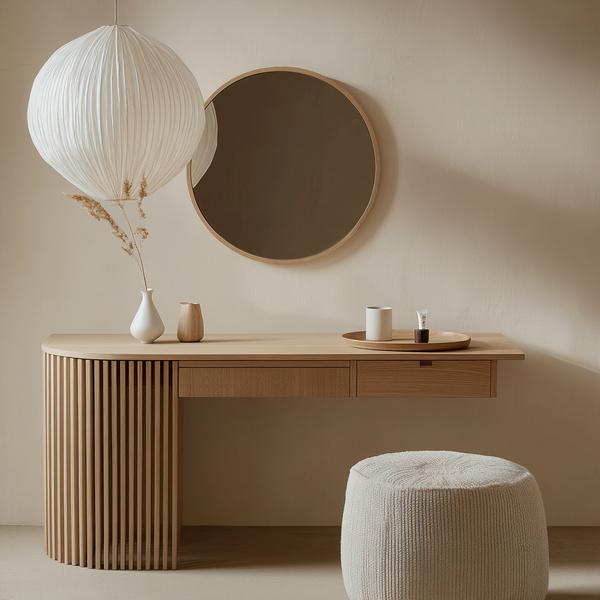 Japandi Serenity Dressing Table - Smooth Oak Vanity with Rounded Corner &amp; Fluted Base
