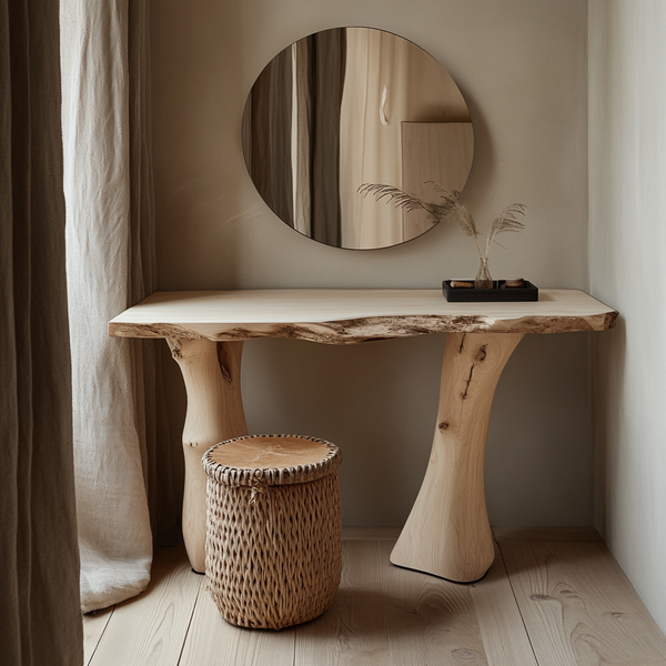Organic Trunk-Leg Dressing Table - Solid Wood Live-Edge Vanity with Mirror