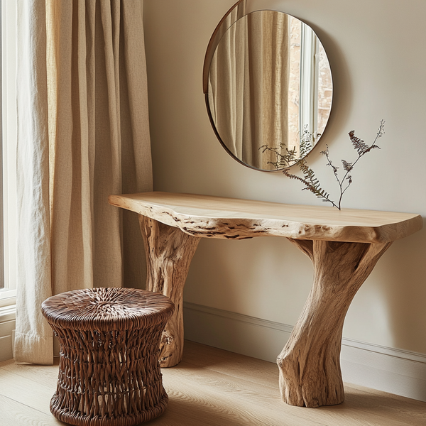 Rooted Elegance Dressing Table  Minimalist Live-Edge Vanity with Sculpted Wooden Legs
