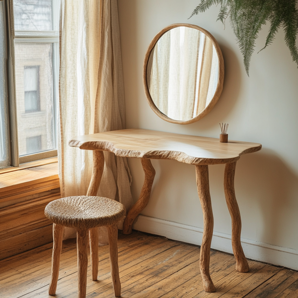 Whispering Woods Dressing Table - Live-Edge Vanity with Organic Sculpted Legs & Mirror