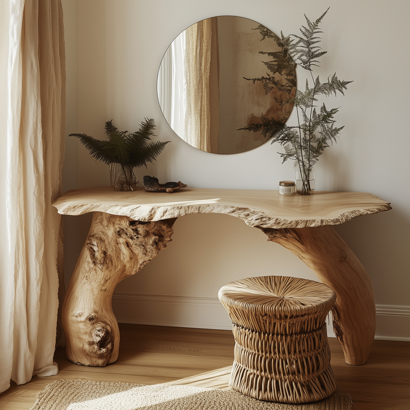 Wildform Live-Edge Dressing Table — Sculptural Burl-Wood Vanity with Organic Mirror & Woven Stool