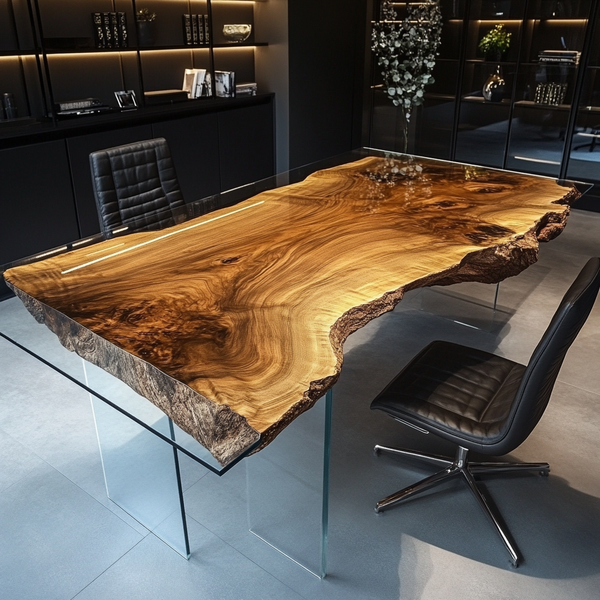 Aurora Live-Edge Office Desk — Polished Burlwood Slab with Glass Legs
