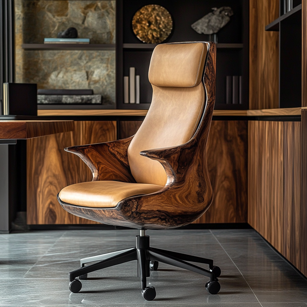 Sculpted Hardwood Executive Chair — Premium Office Chair in Solid Wood Shell with Leather Upholstery