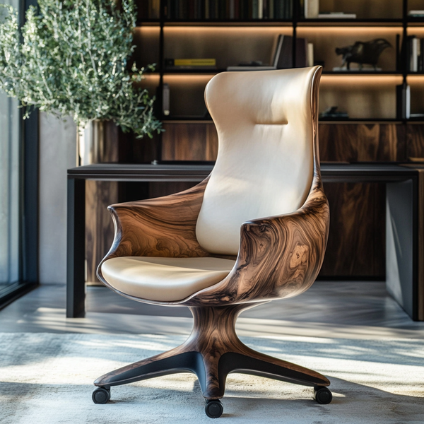 Modern Artisan Executive Chair — Sculpted Wood Office Chair with Premium Leather Upholstery
