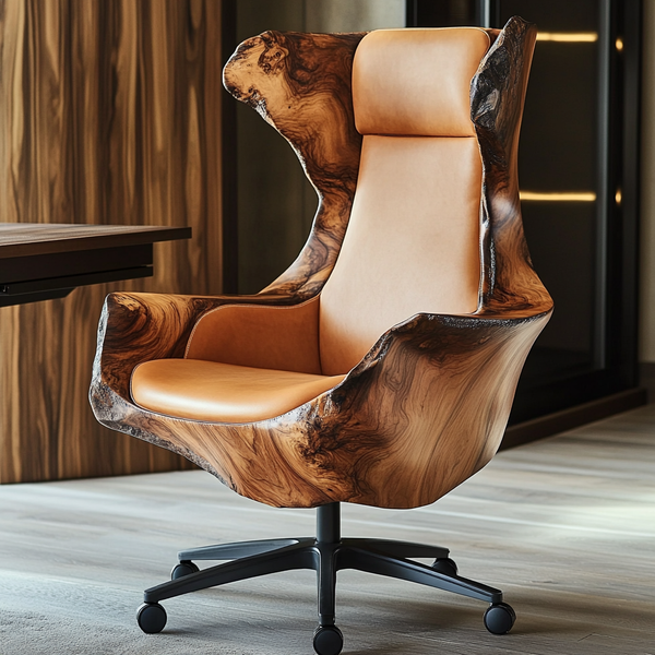Elemental Roots Executive Chair — Sculpted Burl Wood & Leather Office Chair with Live-Edge Silhouette
