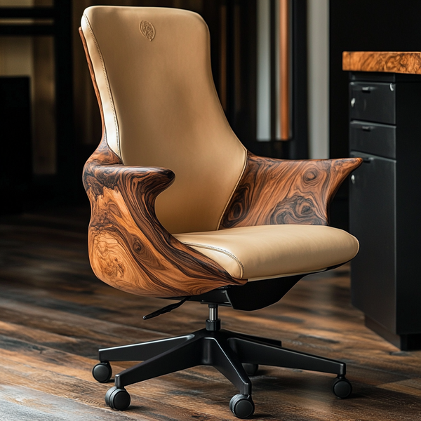 Artisan Hardwood Executive Chair — Luxury Office Chair with Sculpted Wood Frame & Leather Upholstery