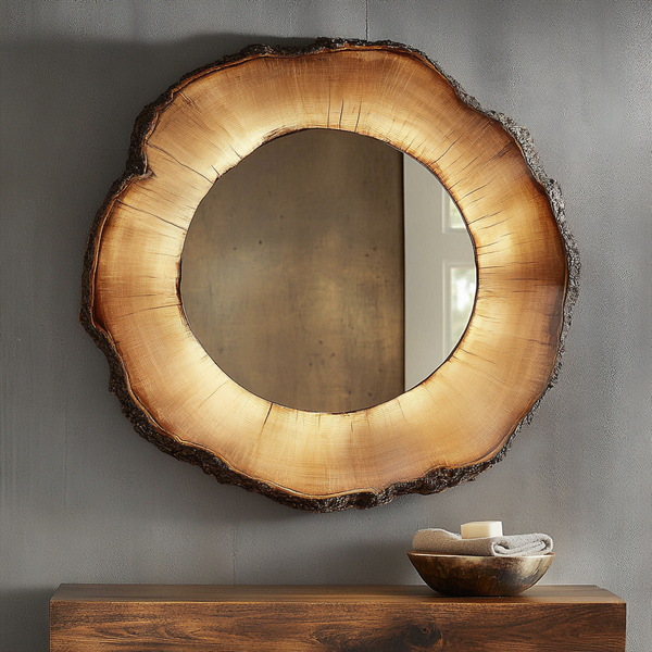Timber Halo Mirror — Illuminated Round Mirror in Solid Tree Slice Frame