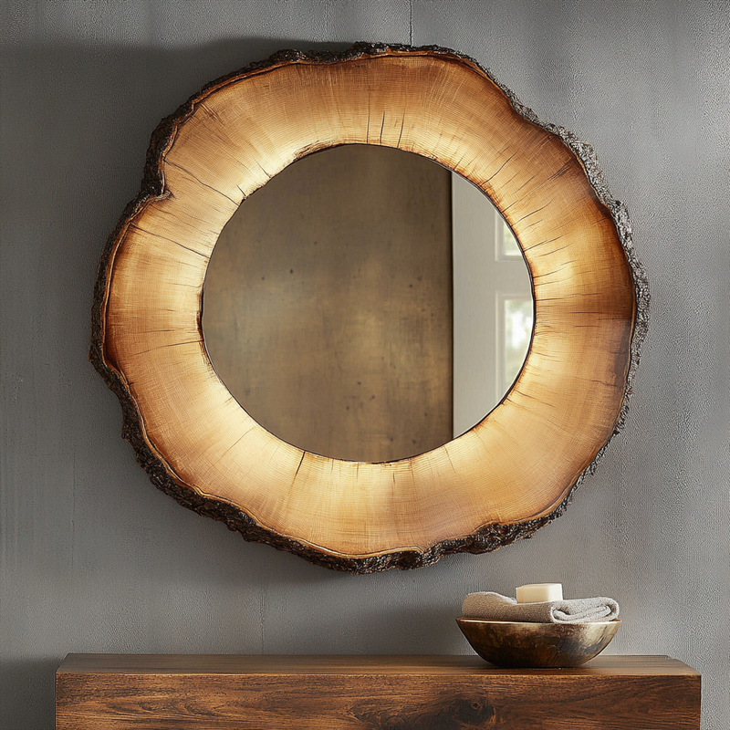 Timber Halo Mirror — Illuminated Round Mirror in Solid Tree Slice Frame