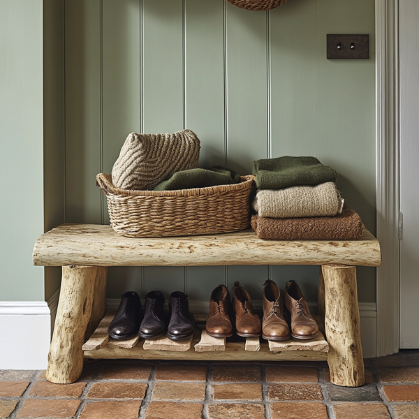 Rustic Reclaimed Timber Bench with Thick Legs and Shoe Storage Shelf