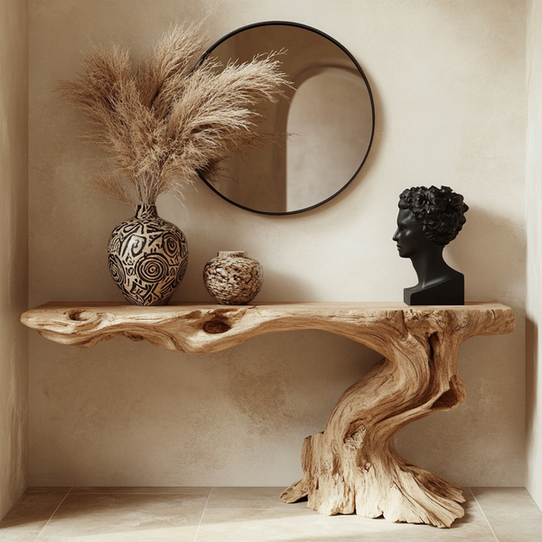 Rustic Organic Console Table | Sculptural Solid Wood with Live Edge